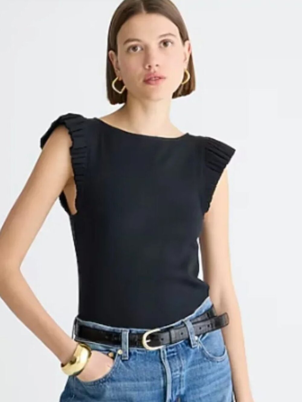 J. Crew Vintage Rib Ruffle-Sleeve Shirt Black XXS